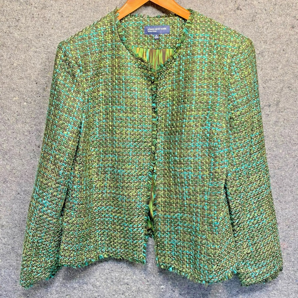 Jones New York Signature Womens 16 Open Front Tweed Boucle Jacket Green Teal